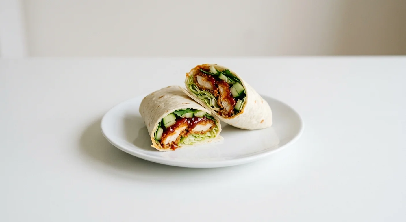Wetherspoon Korean Fried Chicken Wrap, wrap filled with southern-fried chicken strips in Korean-style BBQ sauce, lettuce, cucumber and coriander on a white plate, nutrition and calories