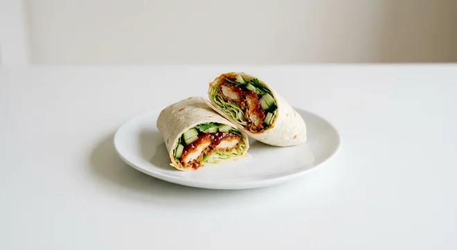 Wetherspoon Korean Fried Chicken Wrap, wrap filled with southern-fried chicken strips in Korean-style BBQ sauce, lettuce, cucumber and coriander on a white plate, nutrition and calories