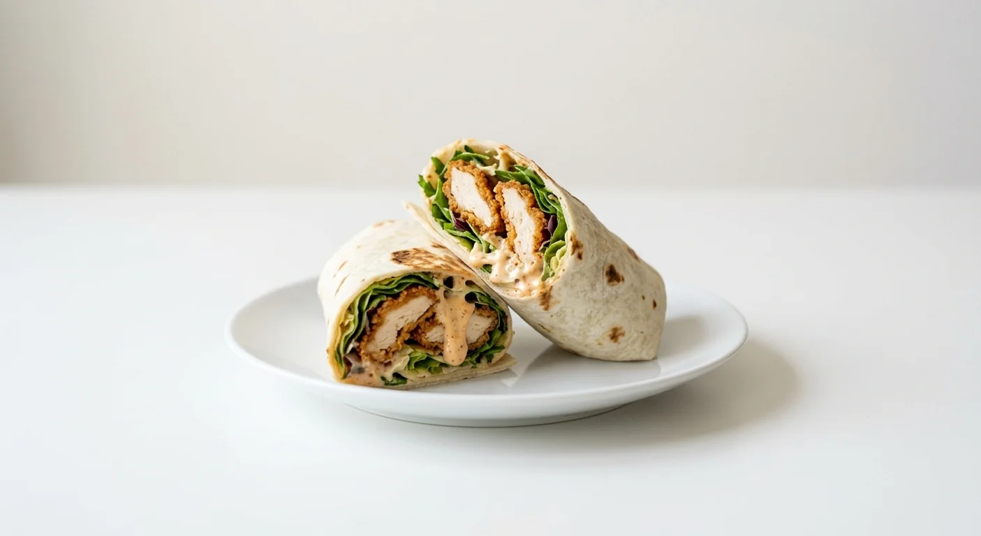 Wetherspoon Southern-Fried Chicken and Chipotle Mayo Wrap, wrap filled with southern-fried chicken strips, salad leaves and chipotle mayo on a white plate, nutrition and calories