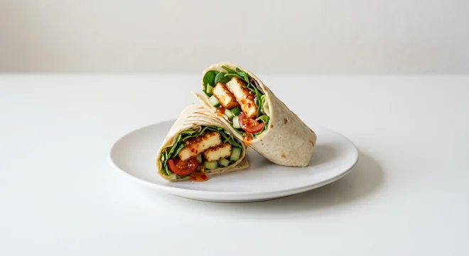 Wetherspoon Halloumi-Style Cheese and Sweet Chilli Wrap, wrap filled with halloumi-style cheese fries, salad, cucumber, tomato and sweet chilli sauce on a white plate, nutrition and calories