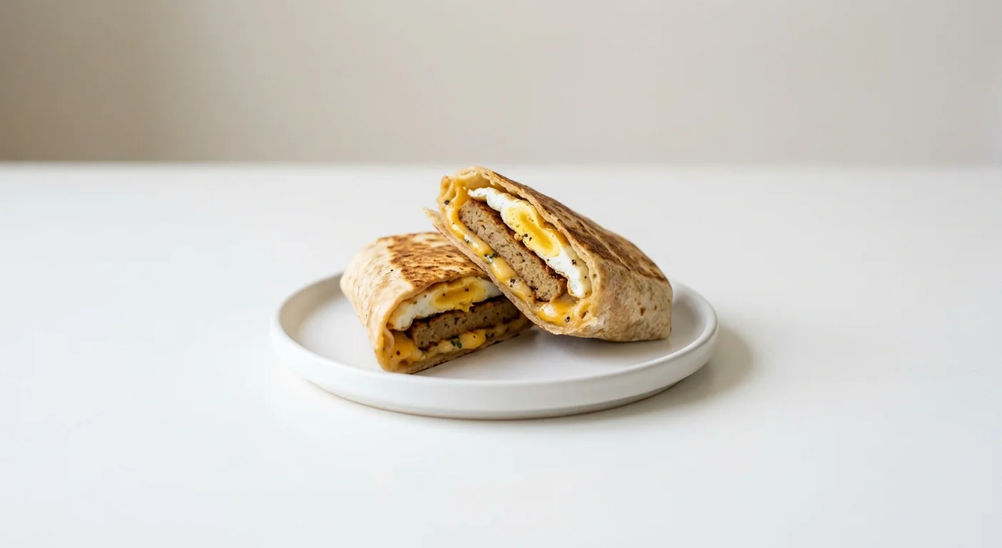 Wetherspoon Vegetarian Brunch Wrap, toasted wrap filled with vegan sausage, egg and cheddar on a white plate, nutrition and calories