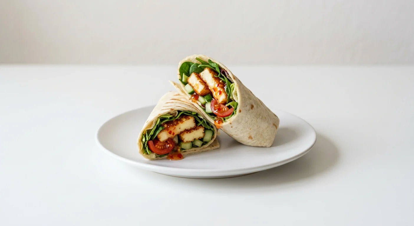 Wetherspoon Halloumi-Style Cheese and Sweet Chilli Wrap, wrap filled with halloumi-style cheese fries, salad, cucumber, tomato and sweet chilli sauce on a white plate, nutrition and calories