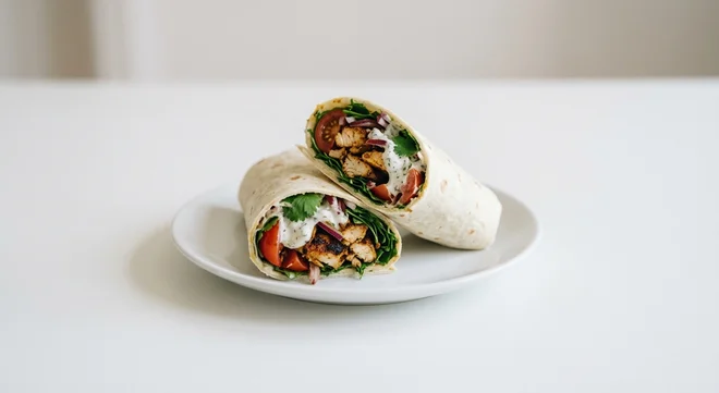 Wetherspoon Shawarma Chicken Wrap, wrap filled with shawarma chicken, rocket, tomato, red onion, coriander and garlic and herb sauce on a white plate, nutrition and calories