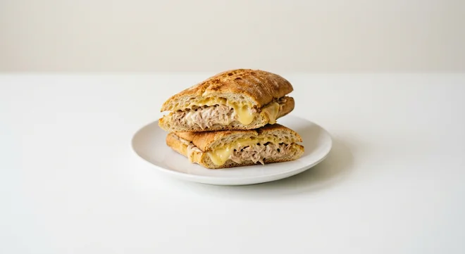 Wetherspoon Tuna Mayo and Cheddar Ciabatta, toasted ciabatta filled with tuna mayo and cheddar on a white plate, nutrition and calories