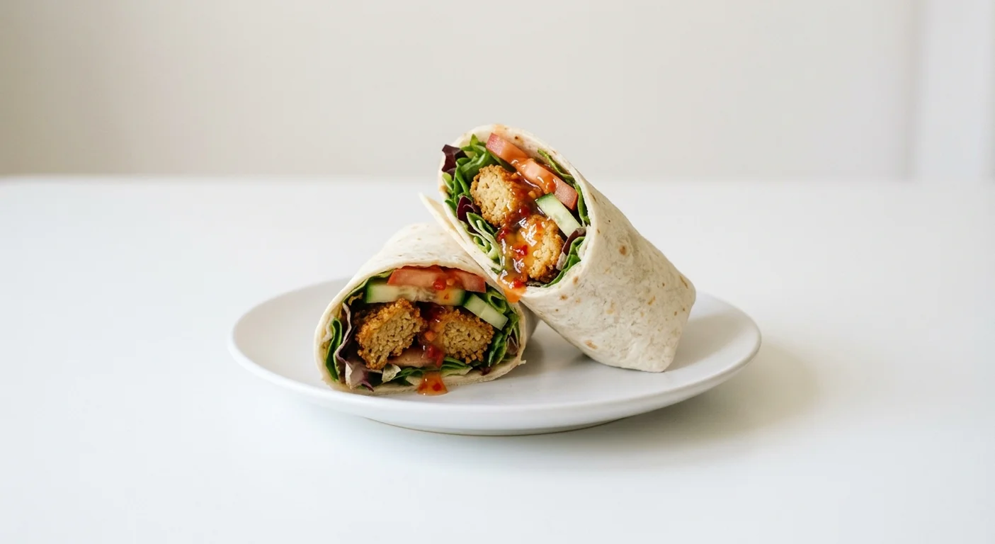 Wetherspoon Quorn Nuggets and Sweet Chilli Wrap, wrap filled with Quorn vegan nuggets, salad, cucumber, tomato and sweet chilli sauce on a white plate, nutrition and calories