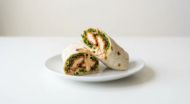 Wetherspoon Southern-Fried Chicken and Chipotle Mayo Wrap, wrap filled with southern-fried chicken strips, salad leaves and chipotle mayo on a white plate, nutrition and calories