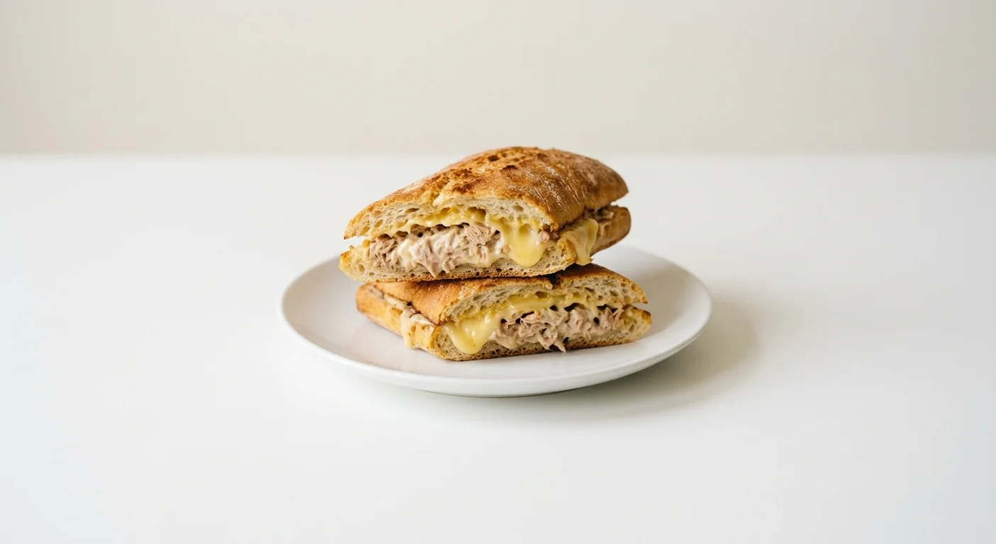 Wetherspoon Tuna Mayo and Cheddar Ciabatta, toasted ciabatta filled with tuna mayo and cheddar on a white plate, nutrition and calories