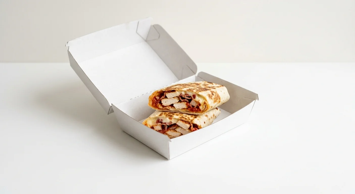 Domino's Chicken and Bacon Wrap, toasted wrap cut in half, filled with strips of white chicken, smoked bacon, mozzarella and tomato sauce in a takeaway box, nutrition and calories