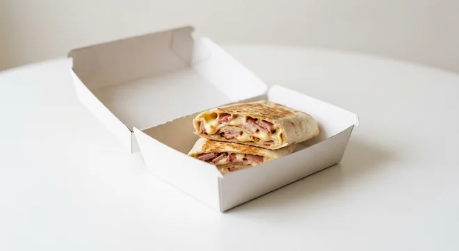 Domino's Ham and Cheese Wrap, toasted wrap cut in half, filled with pieces of ham, mozzarella and creamy cheese sauce in a takeaway box, nutrition and calories