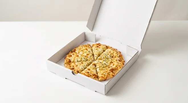 Domino's The Ultimate Cheesy Garlic Bread, cheesy garlic bread cut into eight slices in a takeaway box, nutrition and calories