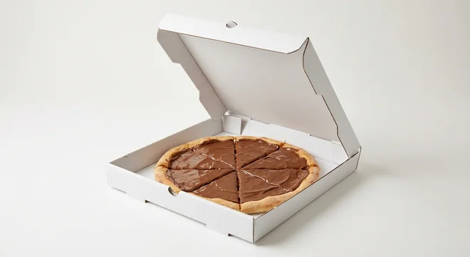 Domino's Lotta-Chocca Pizza, whole chocolate dessert pizza in a takeaway pizza box, nutrition and calories