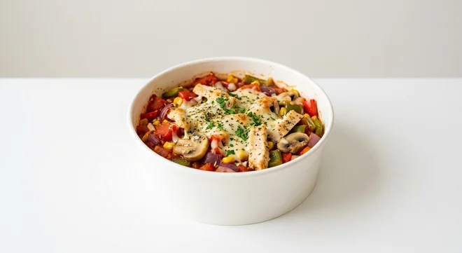 Domino's Loaded Veg with Chicken, baked mixed vegetables and chicken with mozzarella in a takeaway tub, nutrition and calories