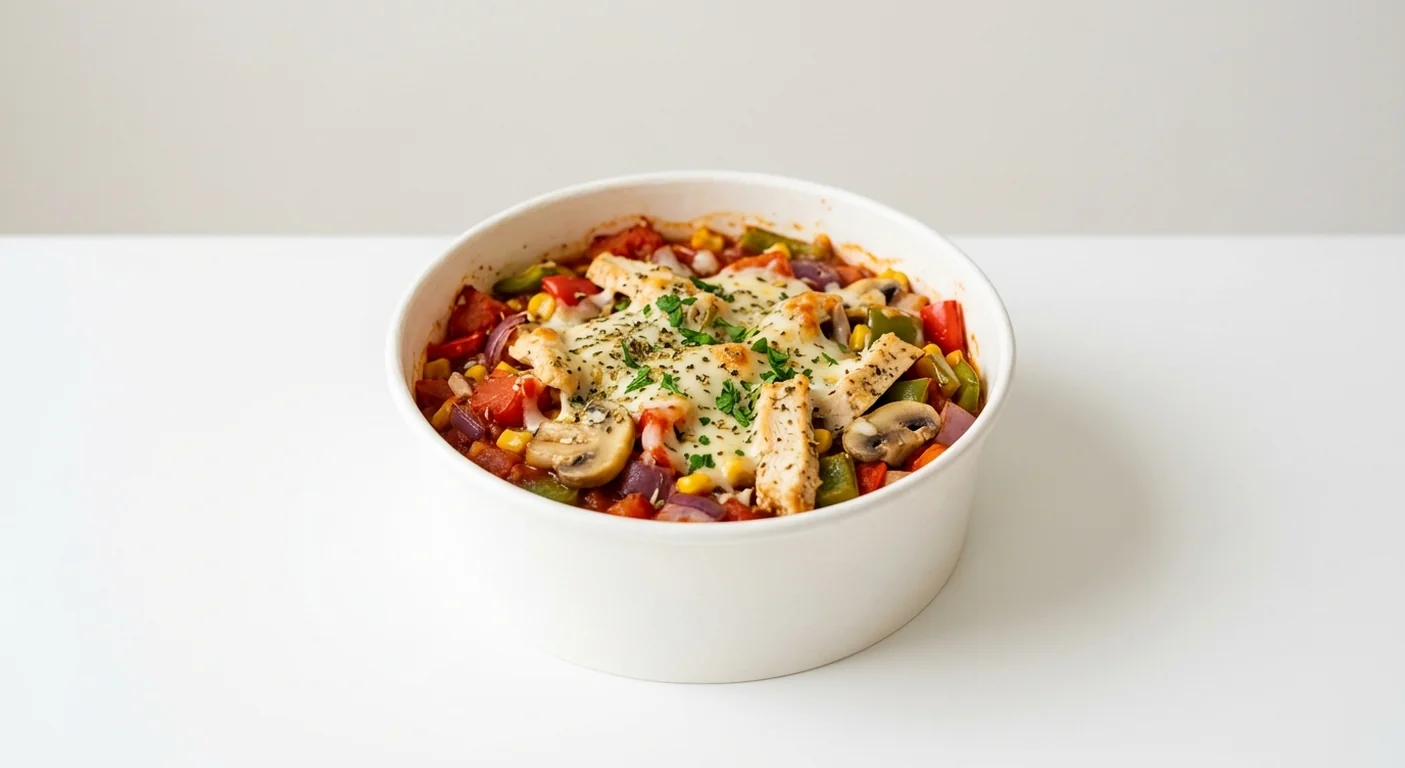Domino's Loaded Veg with Chicken, baked mixed vegetables and chicken with mozzarella in a takeaway tub, nutrition and calories