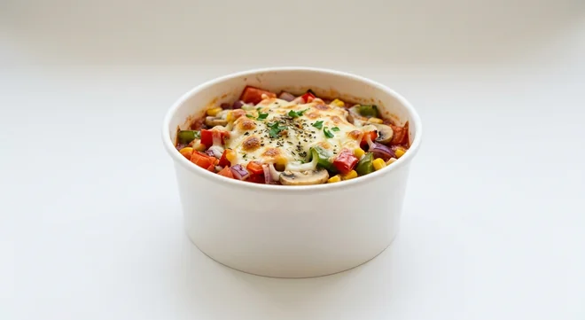 Domino's Loaded Veg, baked mixed vegetables with tomato sauce and mozzarella in a takeaway tub, nutrition and calories
