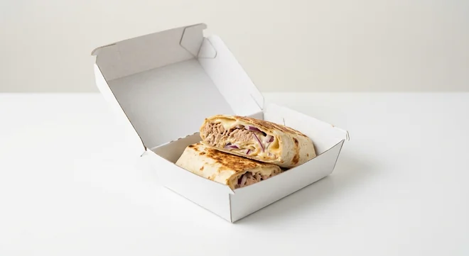 Domino's Tuna Melt Wrap, toasted wrap cut in half, filled with flaked tuna, red onion, mozzarella and creamy cheese sauce in a takeaway box, nutrition and calories
