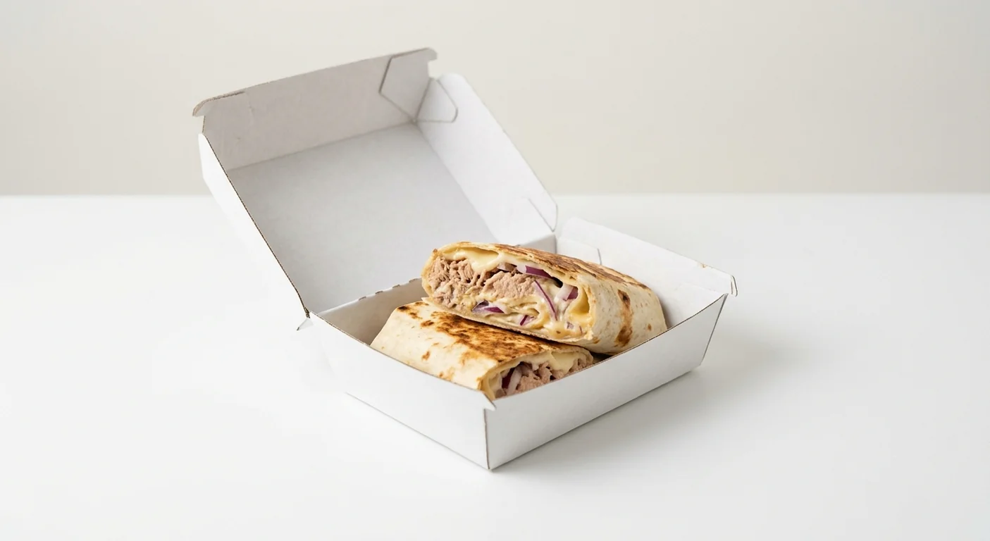 Domino's Tuna Melt Wrap, toasted wrap cut in half, filled with flaked tuna, red onion, mozzarella and creamy cheese sauce in a takeaway box, nutrition and calories