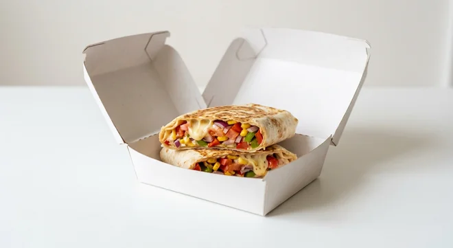 Domino's Vegi Wrap, toasted wrap cut in half, filled with mozzarella, diced tomato, sweetcorn, red onion and red and green peppers in a takeaway box, nutrition and calories