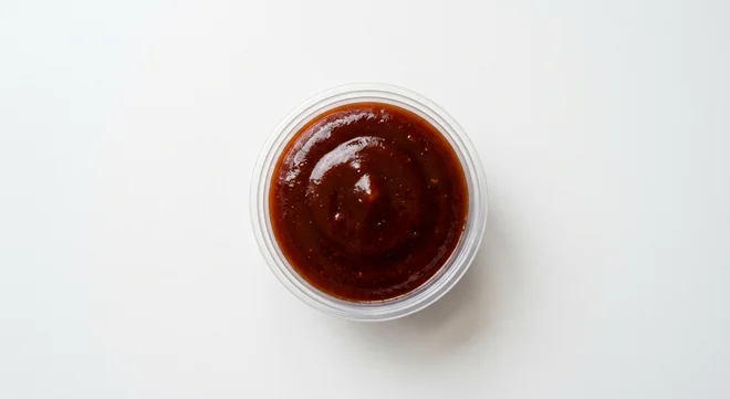 Domino's BBQ Dip, dark red-brown smoky BBQ sauce in a takeaway dip pot, nutrition and calories