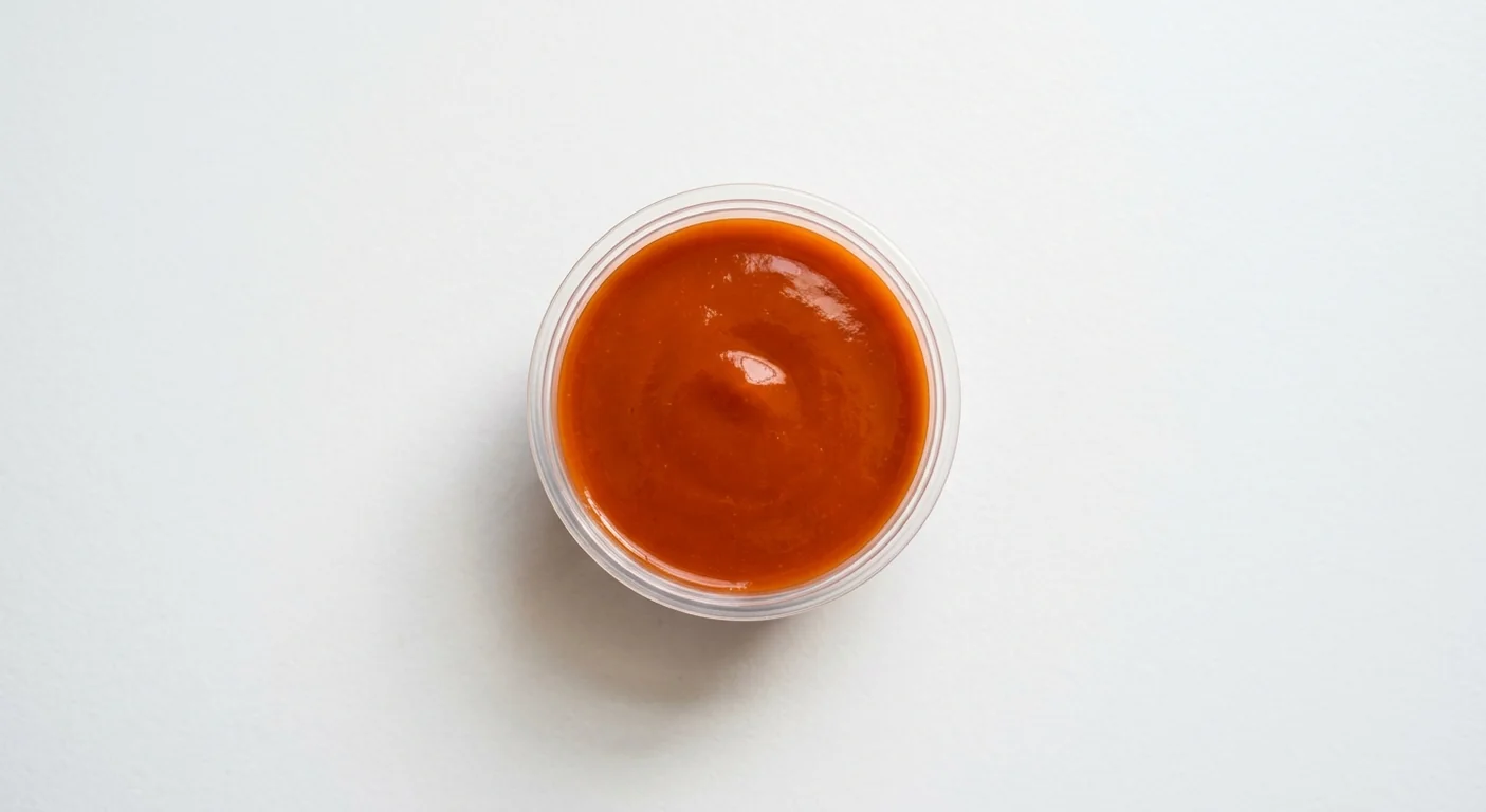 Domino's Buffalo Hot Dip, glossy orange-red buffalo hot sauce in a takeaway dip pot, nutrition and calories