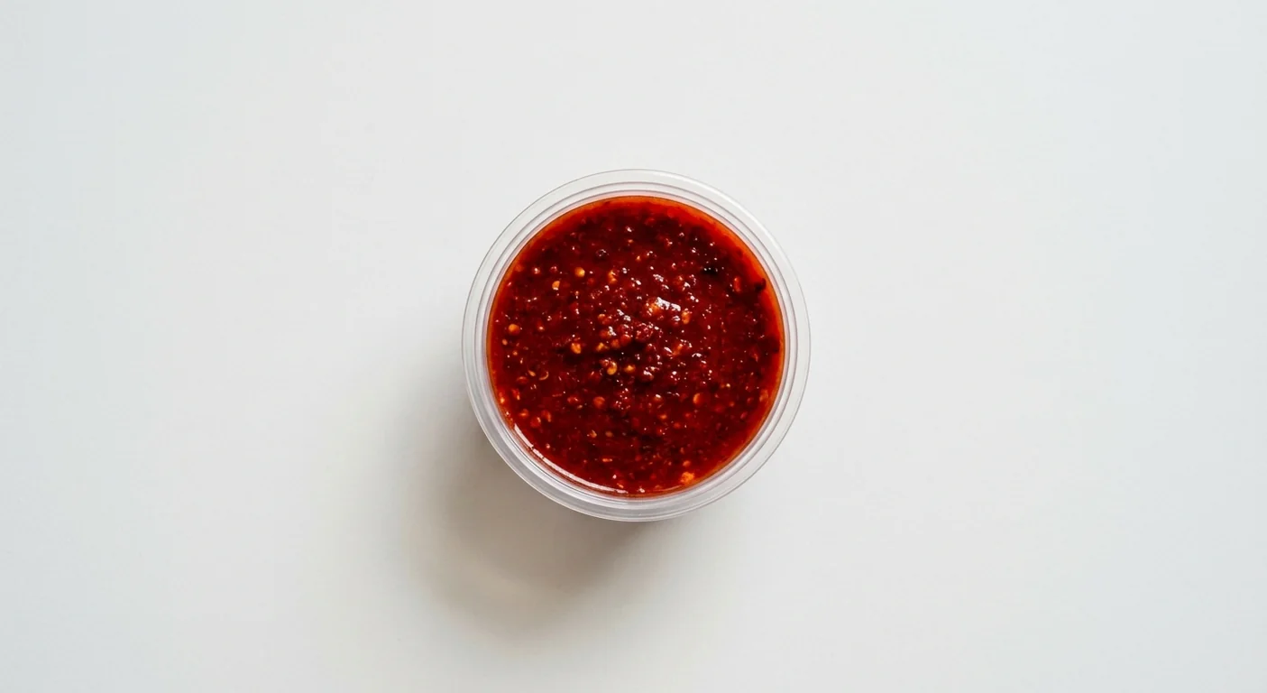 Domino's Ghost Chilli Dip, deep red chilli sauce with tiny chilli flecks in a takeaway dip pot, nutrition and calories