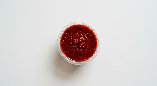 Domino's Ghost Chilli Dip, deep red chilli sauce with tiny chilli flecks in a takeaway dip pot, nutrition and calories