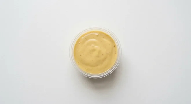 Domino's Honey and Mustard Dip, creamy pale golden-yellow honey and mustard dip in a takeaway dip pot, nutrition and calories