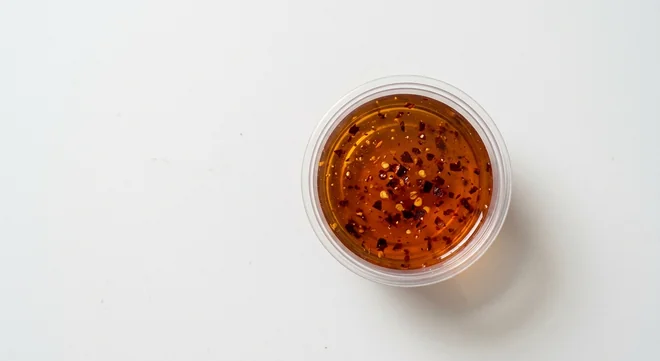Domino's Hot Honey Dip, glossy amber hot honey with tiny red chilli flecks in a takeaway dip pot, nutrition and calories