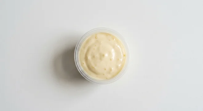 Domino's Garlic Aioli, pale cream garlic aioli in a takeaway dip pot, nutrition and calories