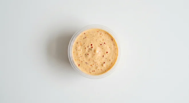 Domino's Mexicana Mayo Dip, pale orange spiced mayo with tiny red pepper flecks in a takeaway dip pot, nutrition and calories