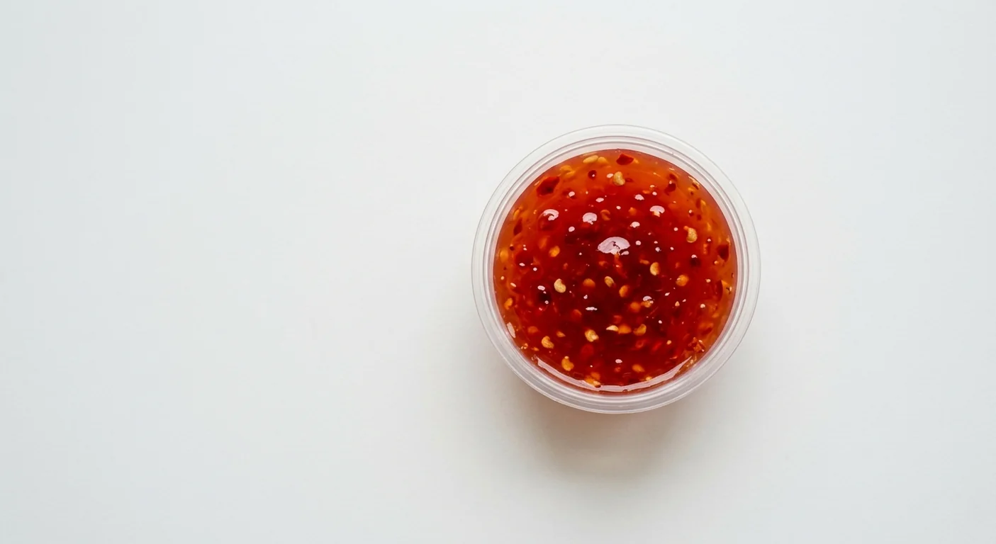 Domino's Sweet Chilli Dip, translucent red sweet chilli sauce with visible chilli seeds in a takeaway dip pot, nutrition and calories