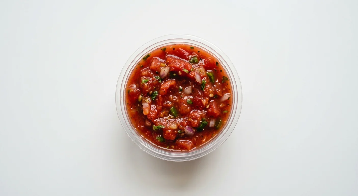 Domino's Tangy Salsa Dip, red tomato salsa with small pieces of onion and pepper in a takeaway dip pot, nutrition and calories
