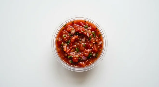 Domino's Tangy Salsa Dip, red tomato salsa with small pieces of onion and pepper in a takeaway dip pot, nutrition and calories