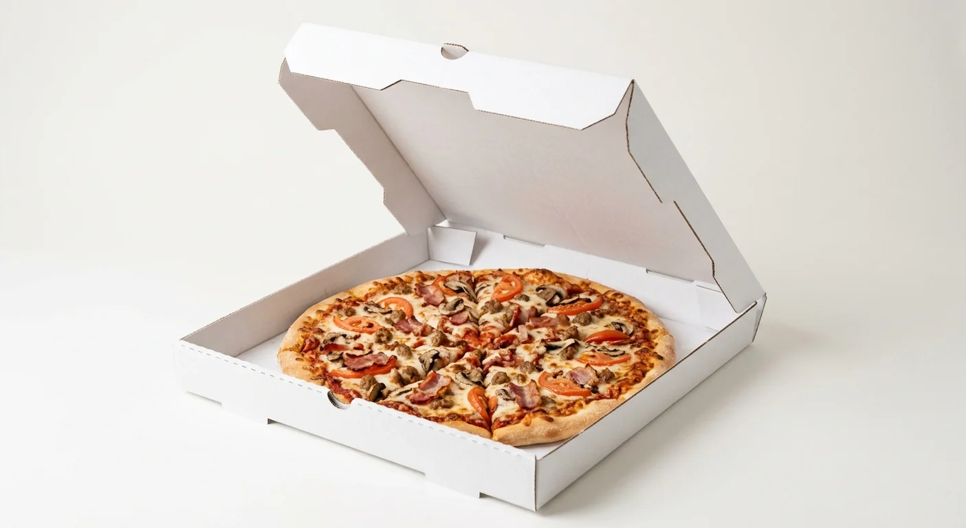 Domino's Mixed Grill (Classic Crust), whole Classic Crust pizza with smoky bacon, sausage, tomatoes and mushrooms in a takeaway pizza box, nutrition and calories
