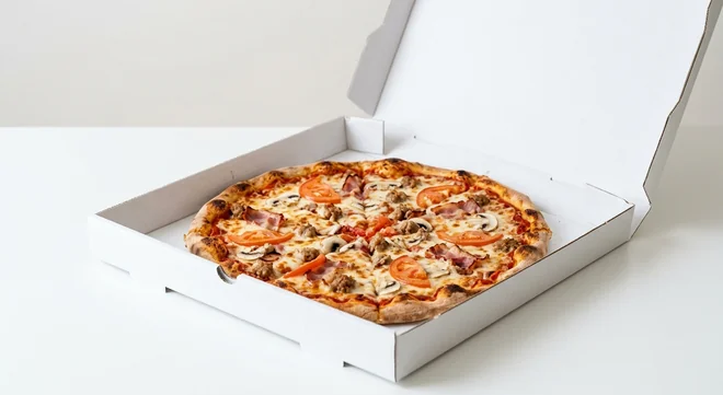 Domino's Mixed Grill (Italian Style Crust), whole Italian Style pizza with smoky bacon, sausage, tomatoes and mushrooms in a takeaway pizza box, nutrition and calories