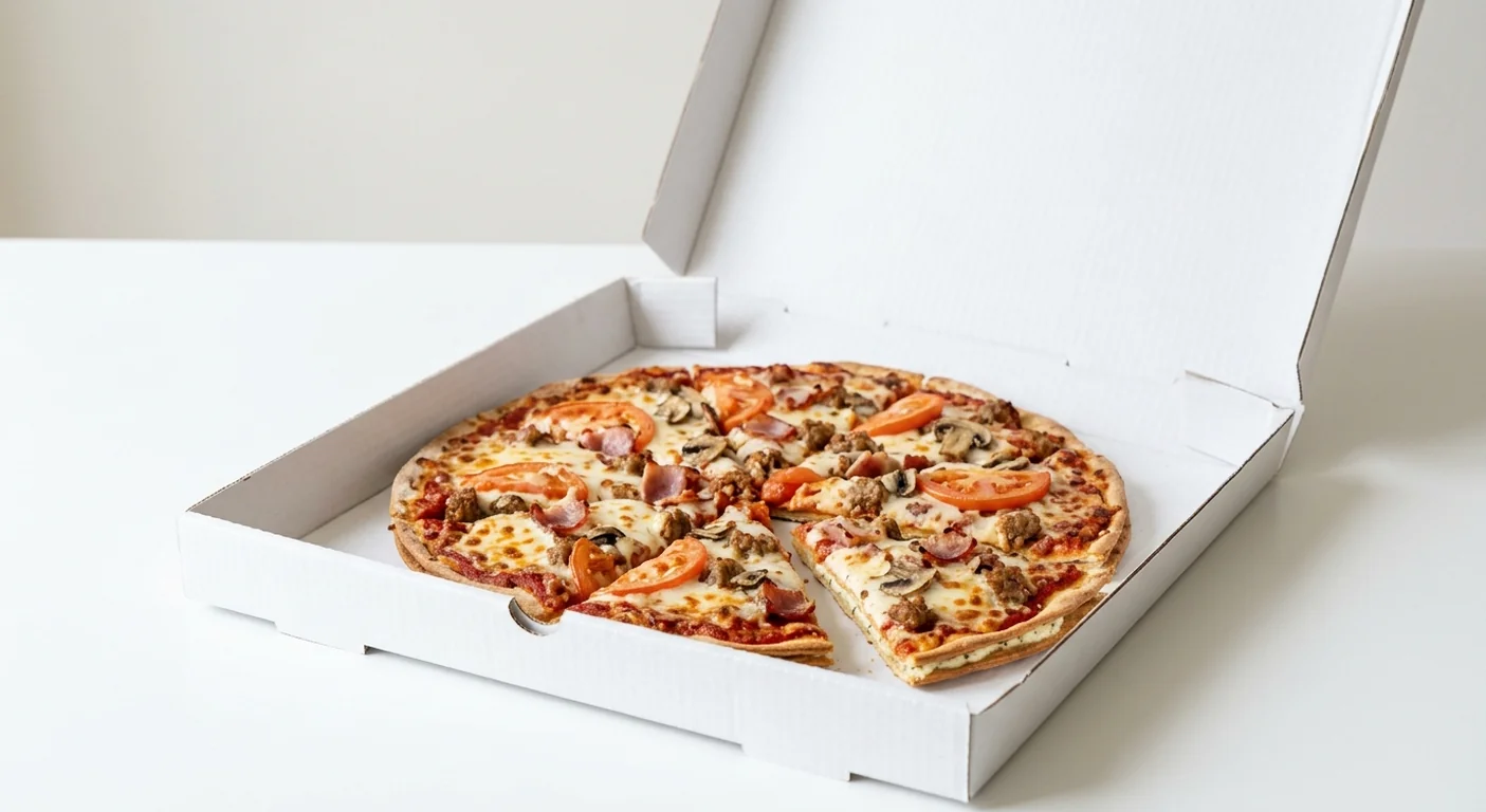 Domino's Mixed Grill (Double Decadence), whole Double Decadence pizza with smoky bacon, sausage, tomatoes and mushrooms in a takeaway pizza box, nutrition and calories