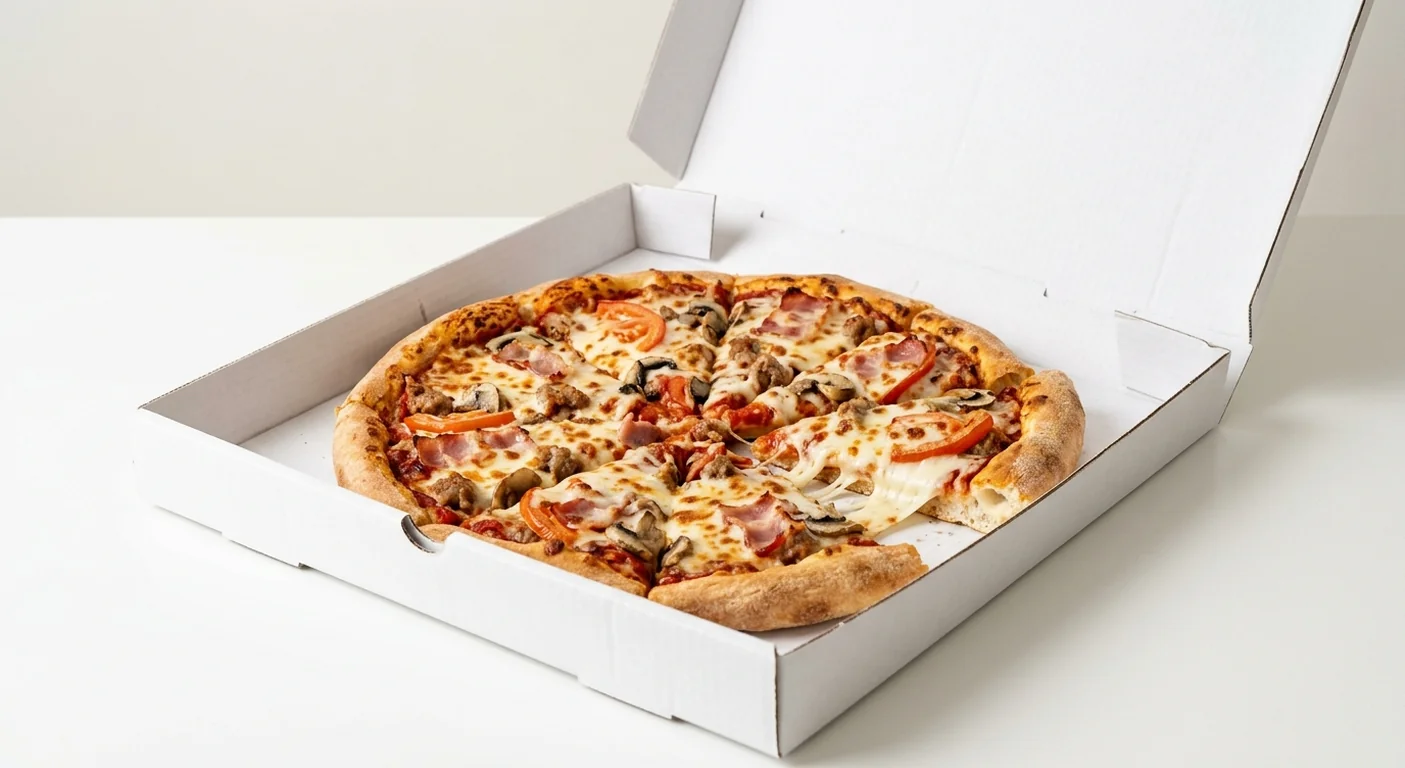 Domino's Mixed Grill (Stuffed Crust), whole Stuffed Crust pizza with smoky bacon, sausage, tomatoes and mushrooms in a takeaway pizza box, nutrition and calories