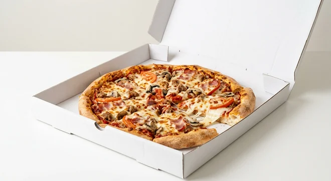 Domino's Mixed Grill (Stuffed Crust), whole Stuffed Crust pizza with smoky bacon, sausage, tomatoes and mushrooms in a takeaway pizza box, nutrition and calories
