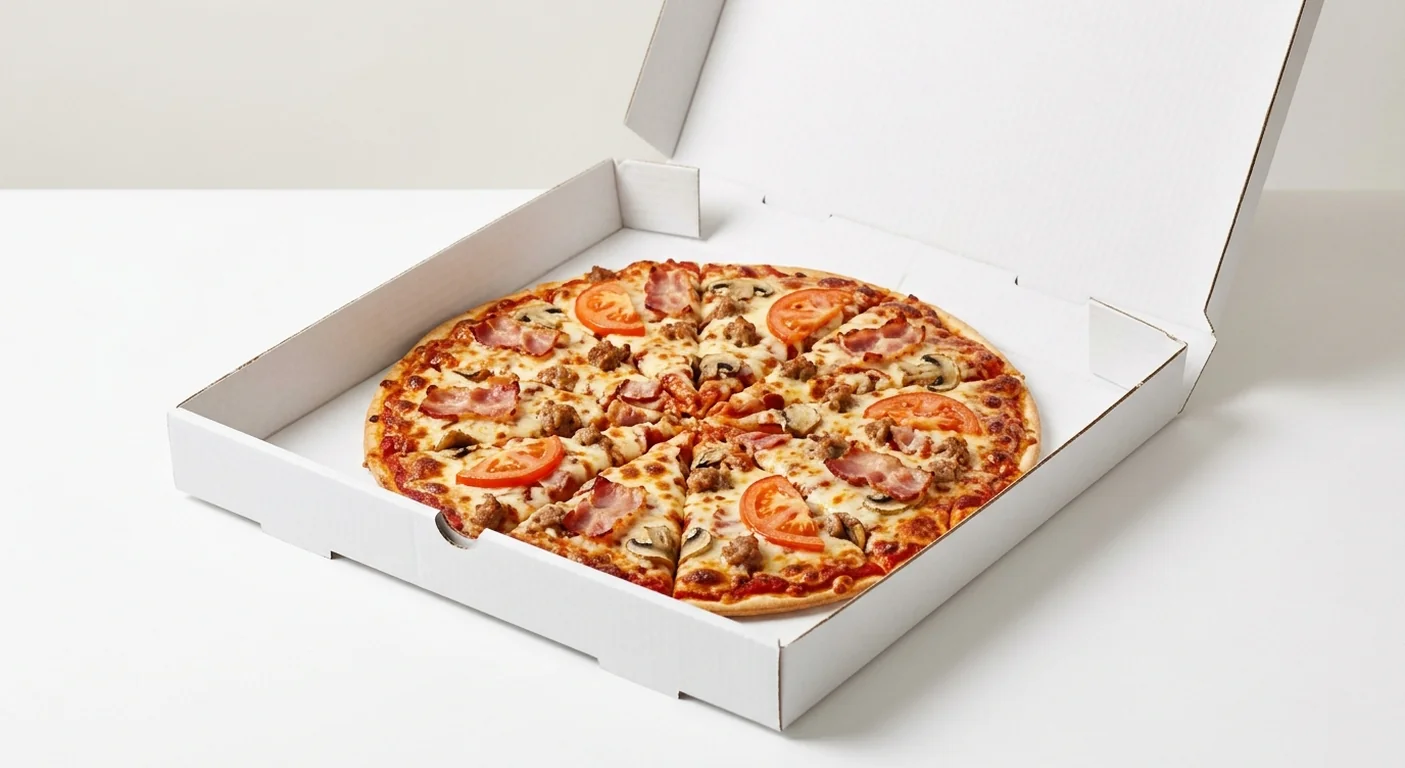 Domino's Mixed Grill (Thin & Crispy), whole Thin & Crispy pizza with smoky bacon, sausage, tomatoes and mushrooms in a takeaway pizza box, nutrition and calories