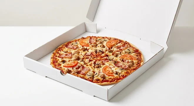 Domino's Mixed Grill (Thin & Crispy), whole Thin & Crispy pizza with smoky bacon, sausage, tomatoes and mushrooms in a takeaway pizza box, nutrition and calories