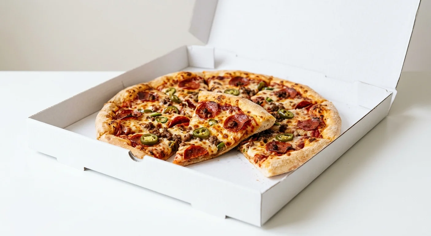 Domino's Mexican Hot, whole Classic Crust pizza with pepperoni, beef, jalapeños and green chillies in a takeaway pizza box, nutrition and calories
