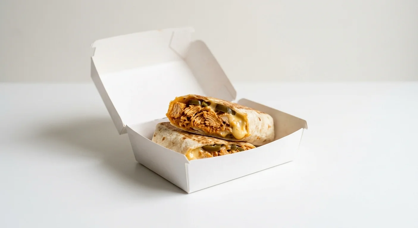 Domino's Mexicana Wrap, toasted wrap cut in half, filled with taco-spiced pulled chicken, cheese sauce, mozzarella and jalapeños in a takeaway box, nutrition and calories
