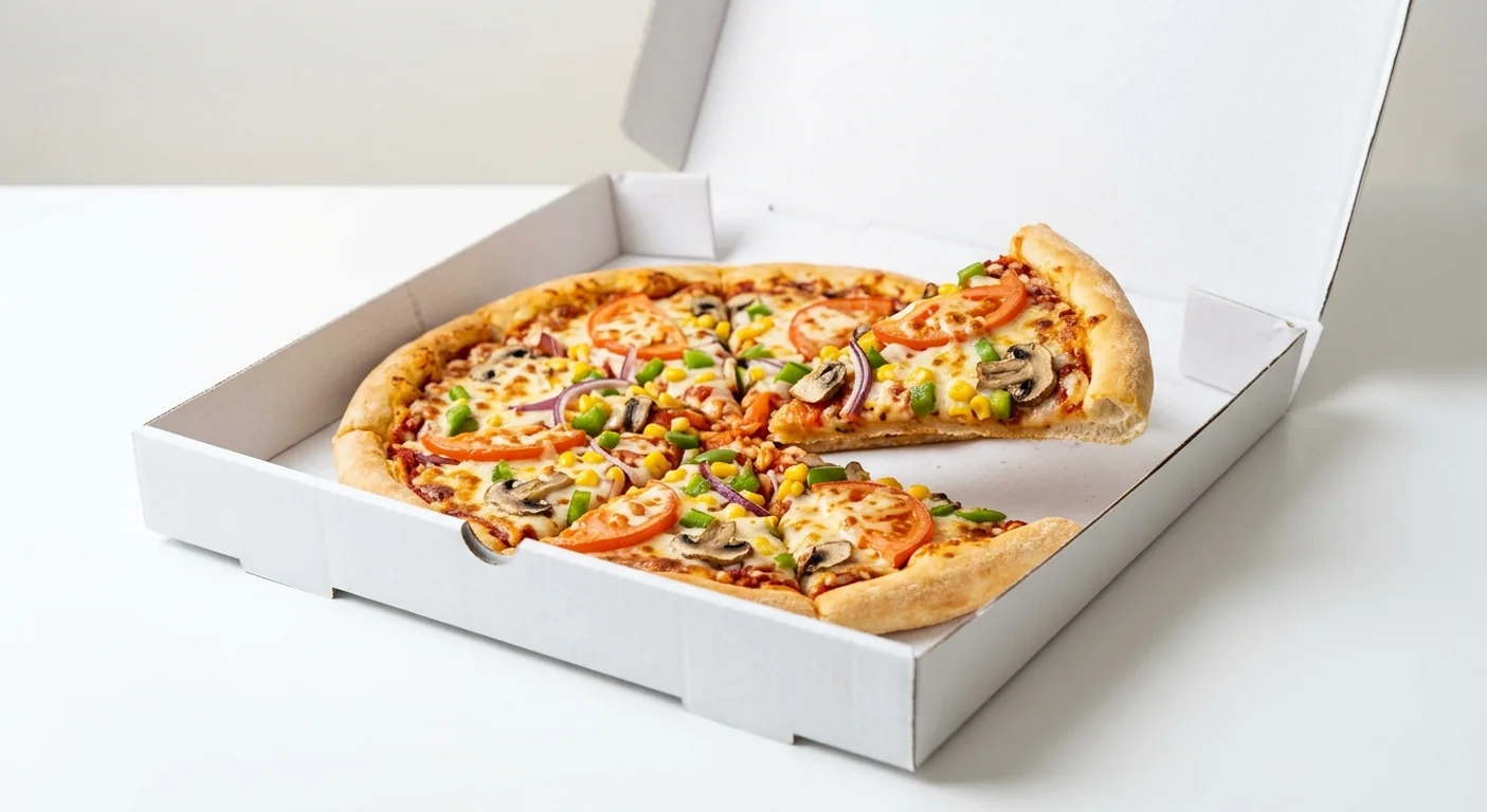 Domino's Four Vegi, whole Classic Crust pizza with tomatoes, onion, green peppers, sweetcorn and mushrooms in a takeaway pizza box, nutrition and calories