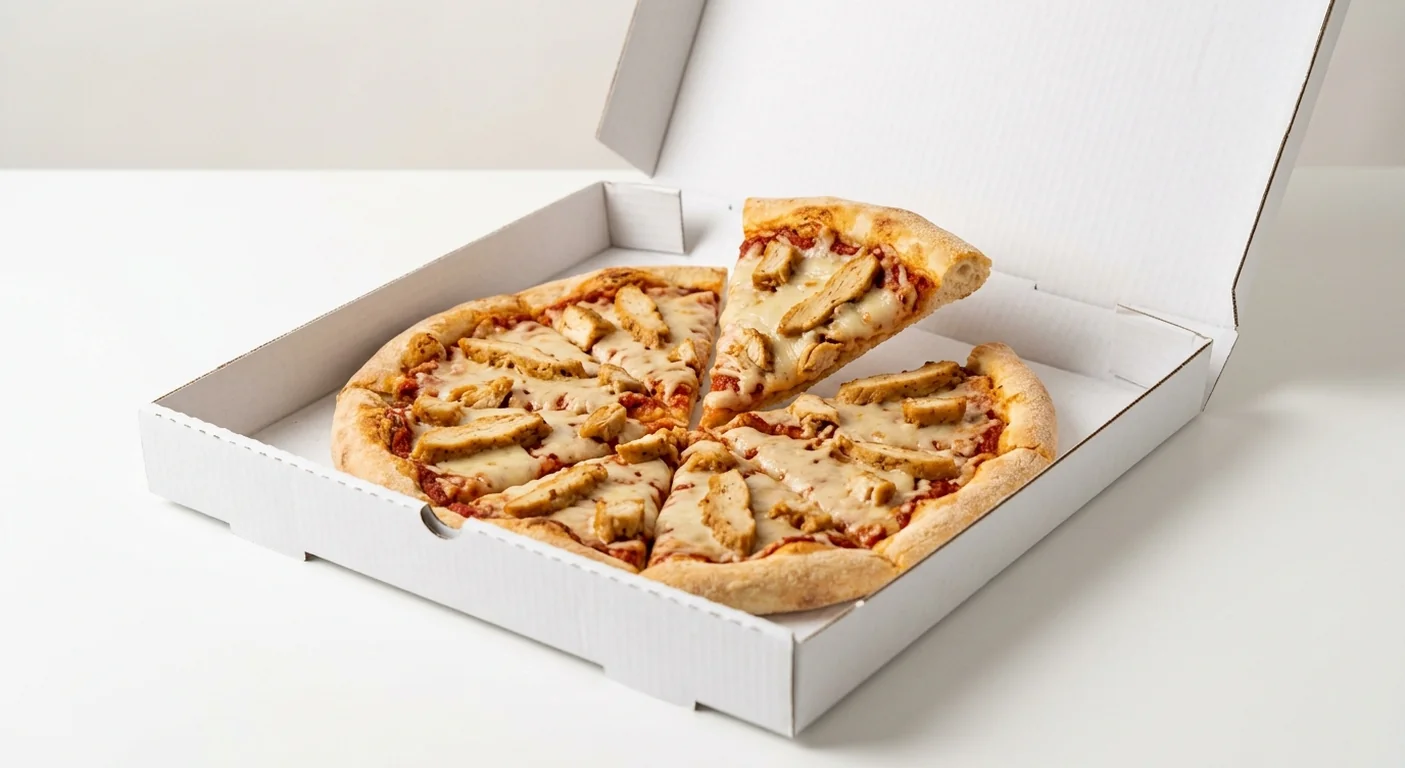 Domino's Plant-Based Chickn Winner, whole Classic Crust pizza with plant-based cheese and plant-based chicken in a takeaway pizza box, nutrition and calories