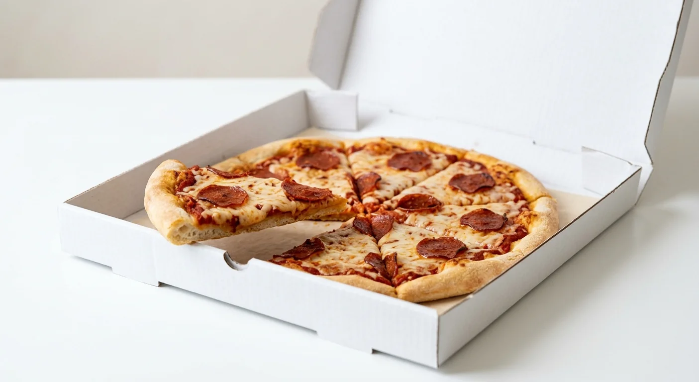 Domino's Plant-Based Peppy-roni, whole Classic Crust pizza with plant-based cheese and pepperoni in a takeaway pizza box, nutrition and calories