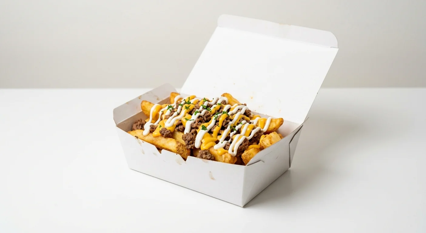 Domino's Loaded Fries Cheeseburger, fries with ground beef, cheese sauce and burger sauce in a takeaway box, nutrition and calories