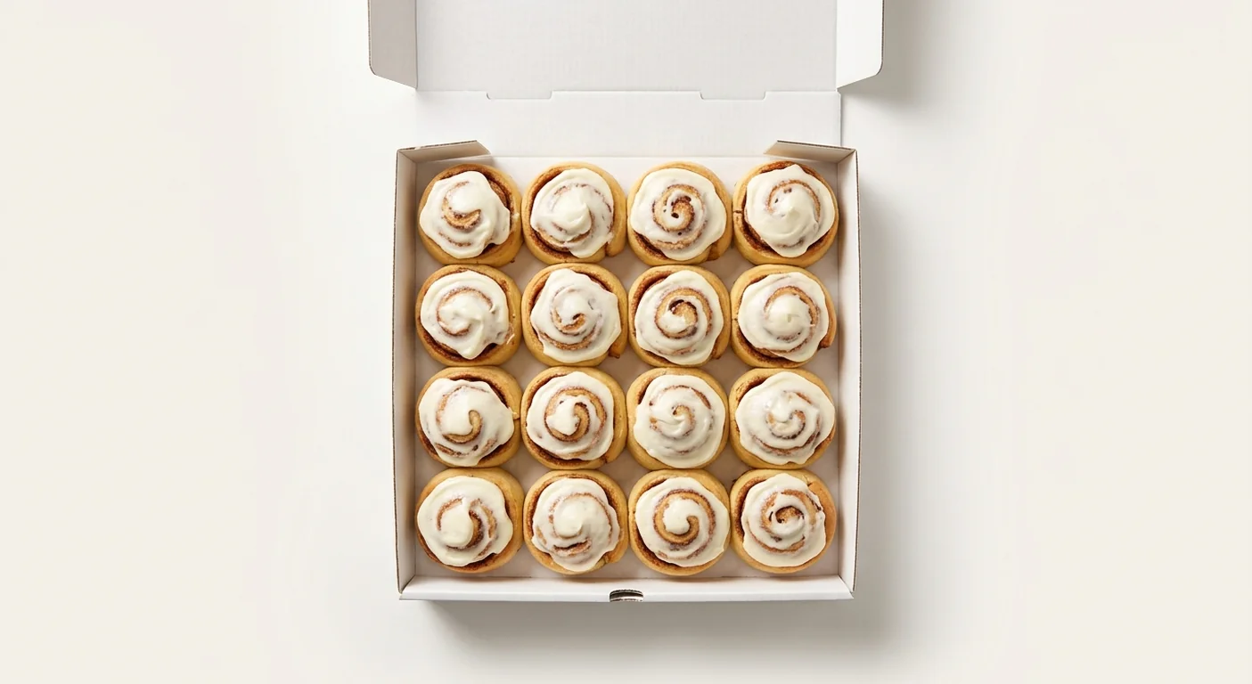 Domino's Cinnabon Mini Rolls, sixteen mini cinnamon rolls with cream cheese frosting in a takeaway box, nutrition and calories
