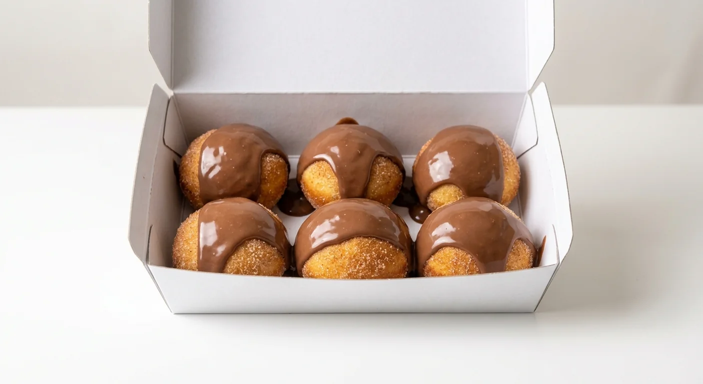 Domino's Dough Balls Choco, six sugar-dusted dough balls smothered in milk chocolate sauce in a takeaway box, nutrition and calories