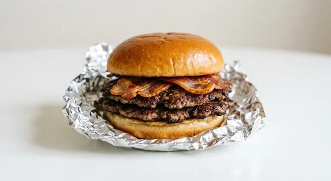 Five Guys Bacon Burger, two smashed beef patties topped with crisp bacon in a foil wrap, nutrition and calories