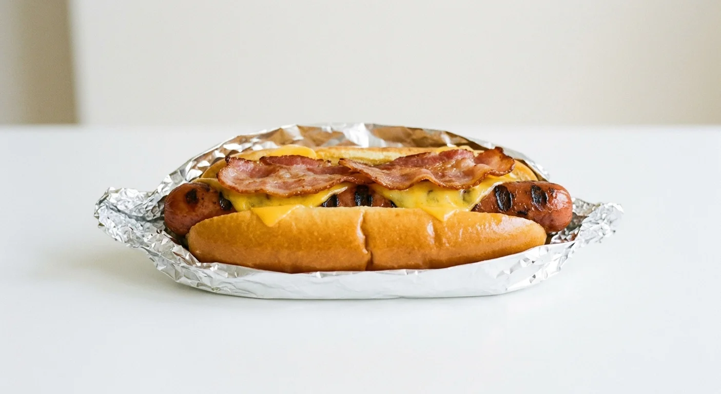 Five Guys Bacon Cheese Dog, a split griddled beef hot dog with melted cheese and bacon in a foil wrap, nutrition and calories