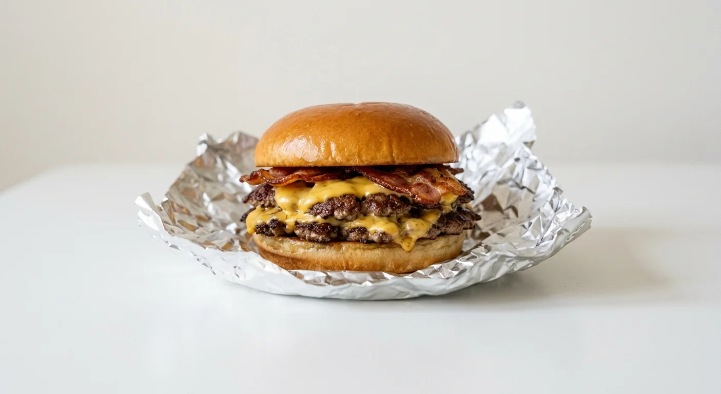 Five Guys Bacon Cheeseburger, two smashed beef patties with melted cheese and crisp bacon in a foil wrap, nutrition and calories